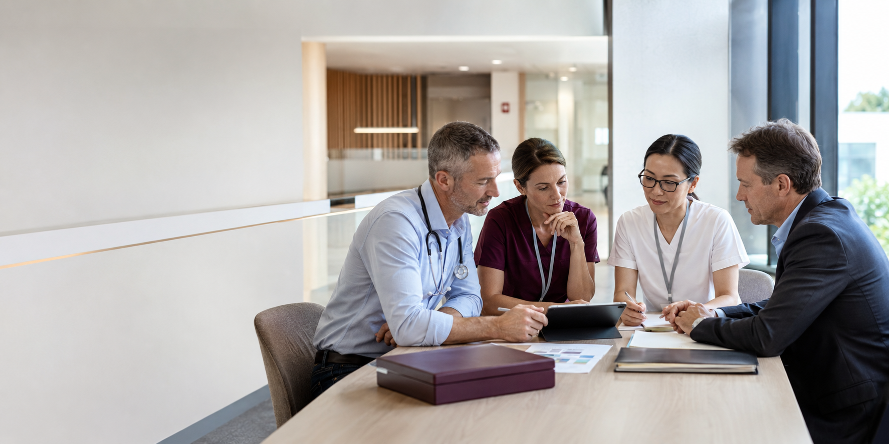 Illustrative image of four healthcare and life sciences professionals reviewing a clinical trial plan together.